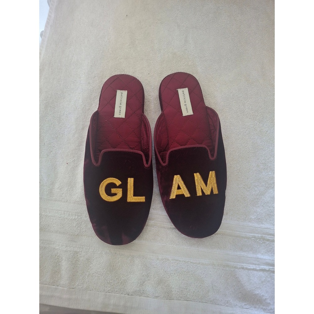Patricia Green GLAM Velvet Slippers Burgundy Gold Embroidery House Shoes Size 9